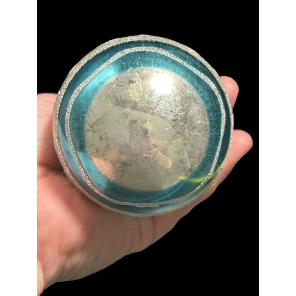 Vintage Blue Shiny Brite Hand Painted Silver Glitter Glass Christmas Ornament 3" - Picture 5 of 6